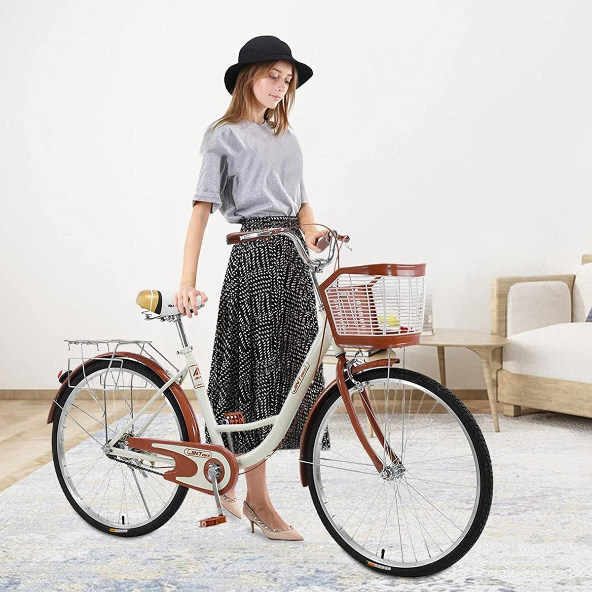 VISDRON Complete Cruiser Bikes, 26 Inch Beach Cruiser Bicycle for Woman-Classic Retro Bicycler Bicycle with Baskets&amp;Rear Racks Comfortable Commuter Bicycle for Leisure Picnics&amp;Shopping