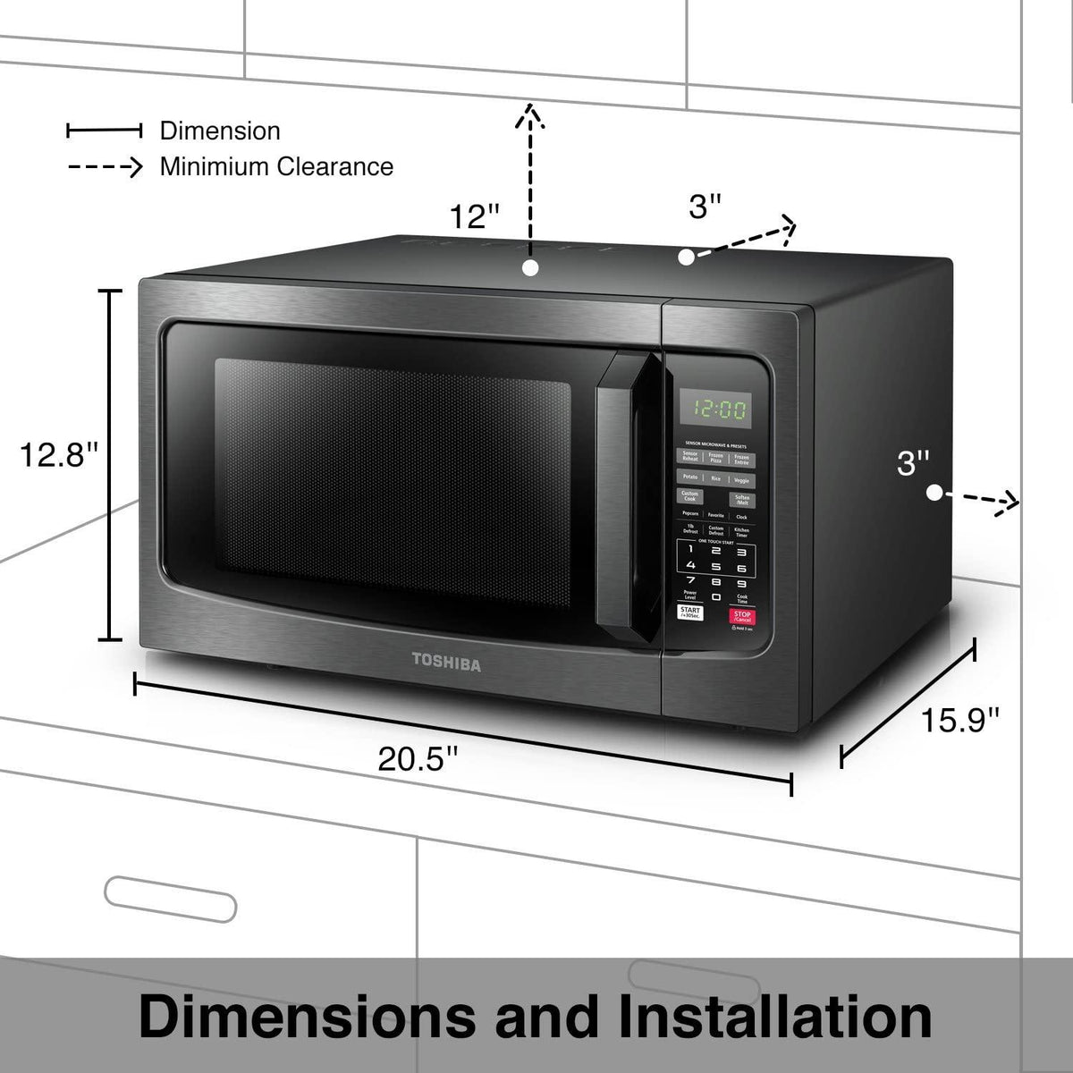 Toshiba EM131A5C-BS Microwave Oven with Smart Sensor, Easy Clean Interior, ECO Mode and Sound On/Off, 1.2 Cu.ft, Black  Steel