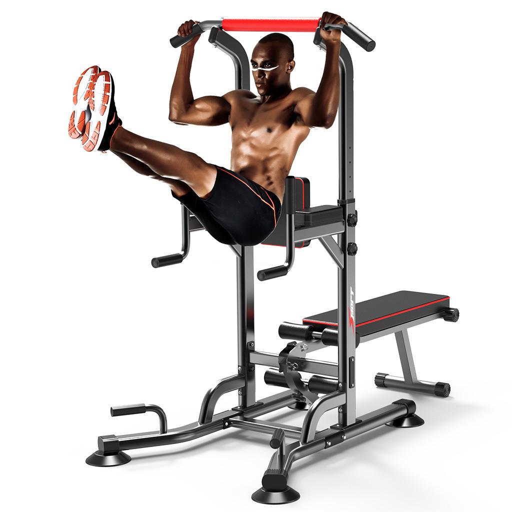ESULOMP Power Tower Dip Station Pull Up Bar Strength Training With Dumbbell Bench