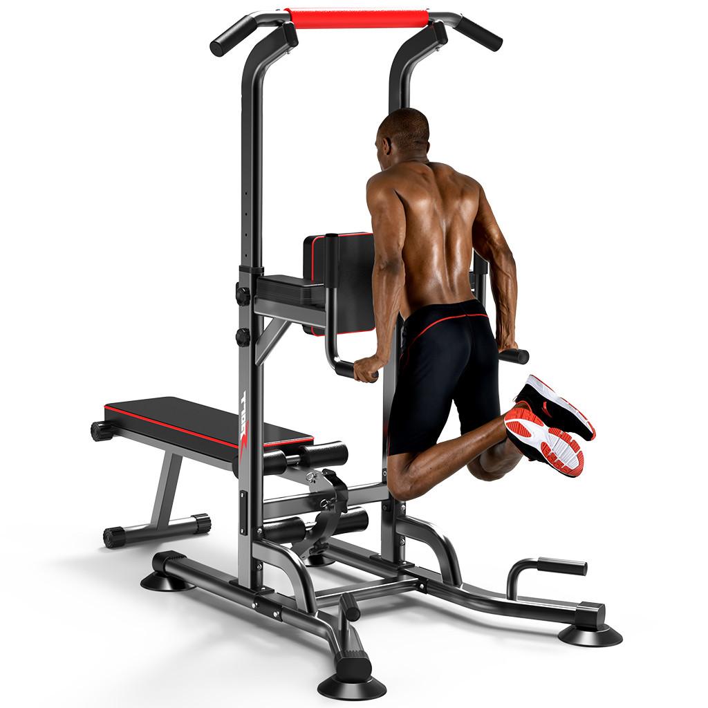 Power Tower Dip Station Pull Up Bar Strength Training With Dumbbell Bench