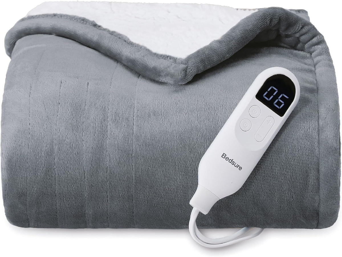 Bedsure Heated Blanket Electric Blanket - Soft Flannel Electric Throw, Heating Blanket with 4 Time Settings, 6 Heat Settings, and 3 hrs Timer Auto Shut Off (50x60 inches, Grey)