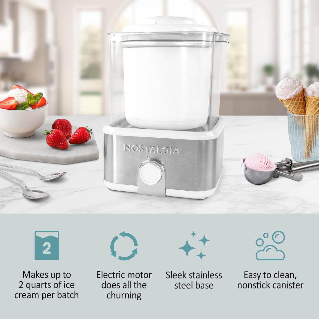 Electric Ice Cream Maker with 2-Qt Double Insulated Gel Canister &  Steel Base - Makes Sorbet, Soft Serve, and Frozen Yogurt - White
