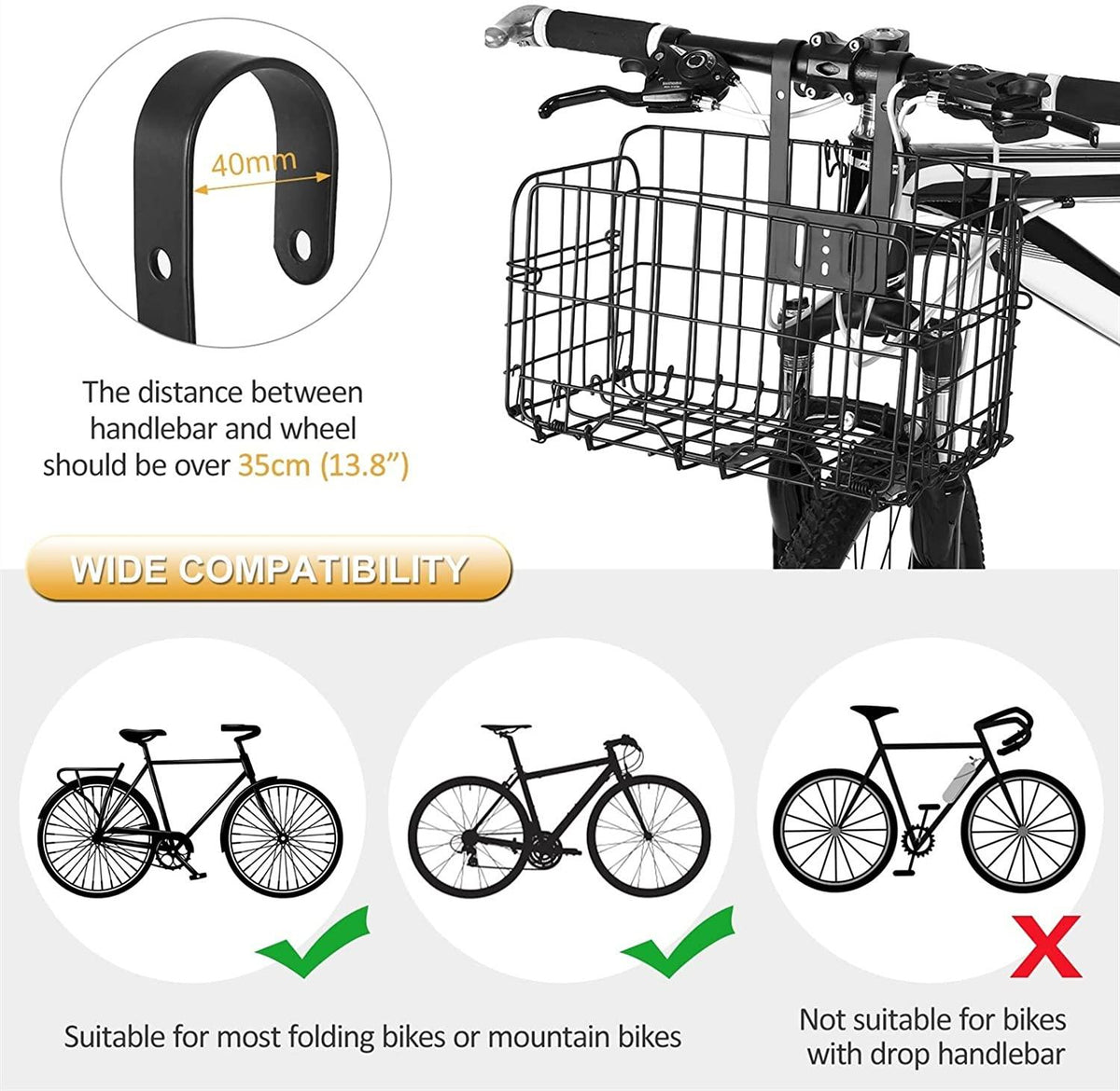 DALIZHAI777 Bike Bag Folding Bike Basket Detchable Steel Wire Bike Handlebar Front Basket Bicycle Rear Rack Hanging Basket with Liner Bag Tote and 2 Hooks Bicycle Accessories