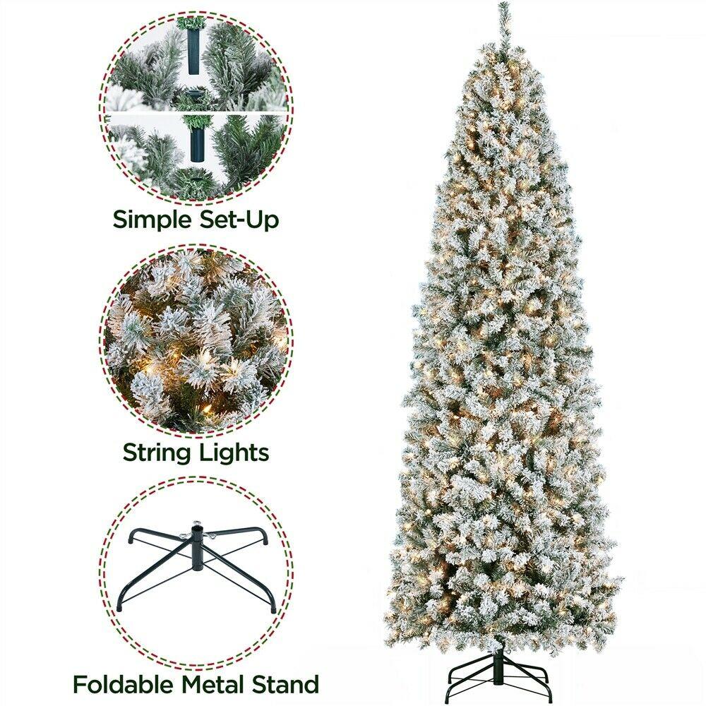 Prelit Snow Flocked Artificial Christmas Tree KingsFir Pencil Tree w/ Stand