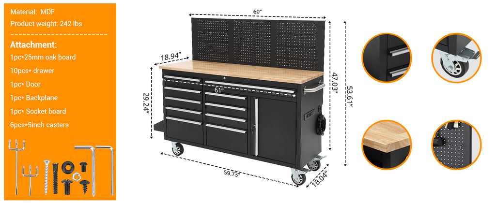 61-inch Rolling Tool Chest, 10 Drawers GaraWorkbench StoraTool Cabinet with Power Strip, Solid Rubber Top, 1675 LBS Load Mobile Workstation, Heavy Duty Rolling Cabinet, Silver