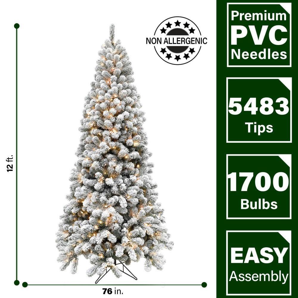 12 ft. Pre-Lit Flocked Akaskan Pine Artificial Christmas Tree with Clear LED Lighting