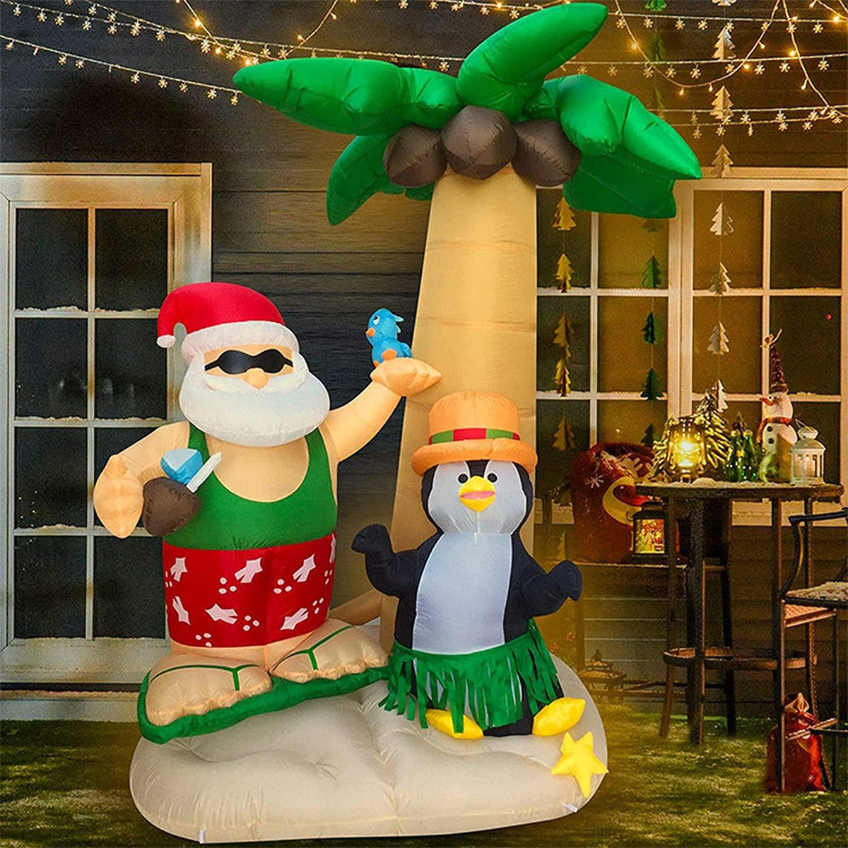 ADSVMEL 2.1M Inflatable Decorations Father Christmas Christmas Penguin Coconut Tree Sand Beach with Ground Fork Transformer Rope  Air Blown Garden Decoration Indoor Outdoor