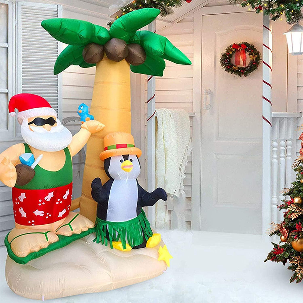 ADSVMEL 2.1M Inflatable Decorations Father Christmas Christmas Penguin Coconut Tree Sand Beach with Ground Fork Transformer Rope  Air Blown Garden Decoration Indoor Outdoor
