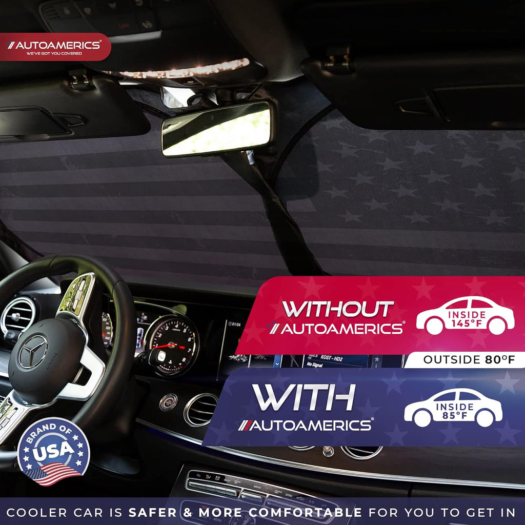 Autoamerics 1-Piece Windshield Sun Shade Grunge B&amp;W American Flag USA  - Foldable Car Front Window Sunshade for Most Sedans SUV Truck - Blocks Max UV Rays and Keeps Your Vehicle Cool - Small
