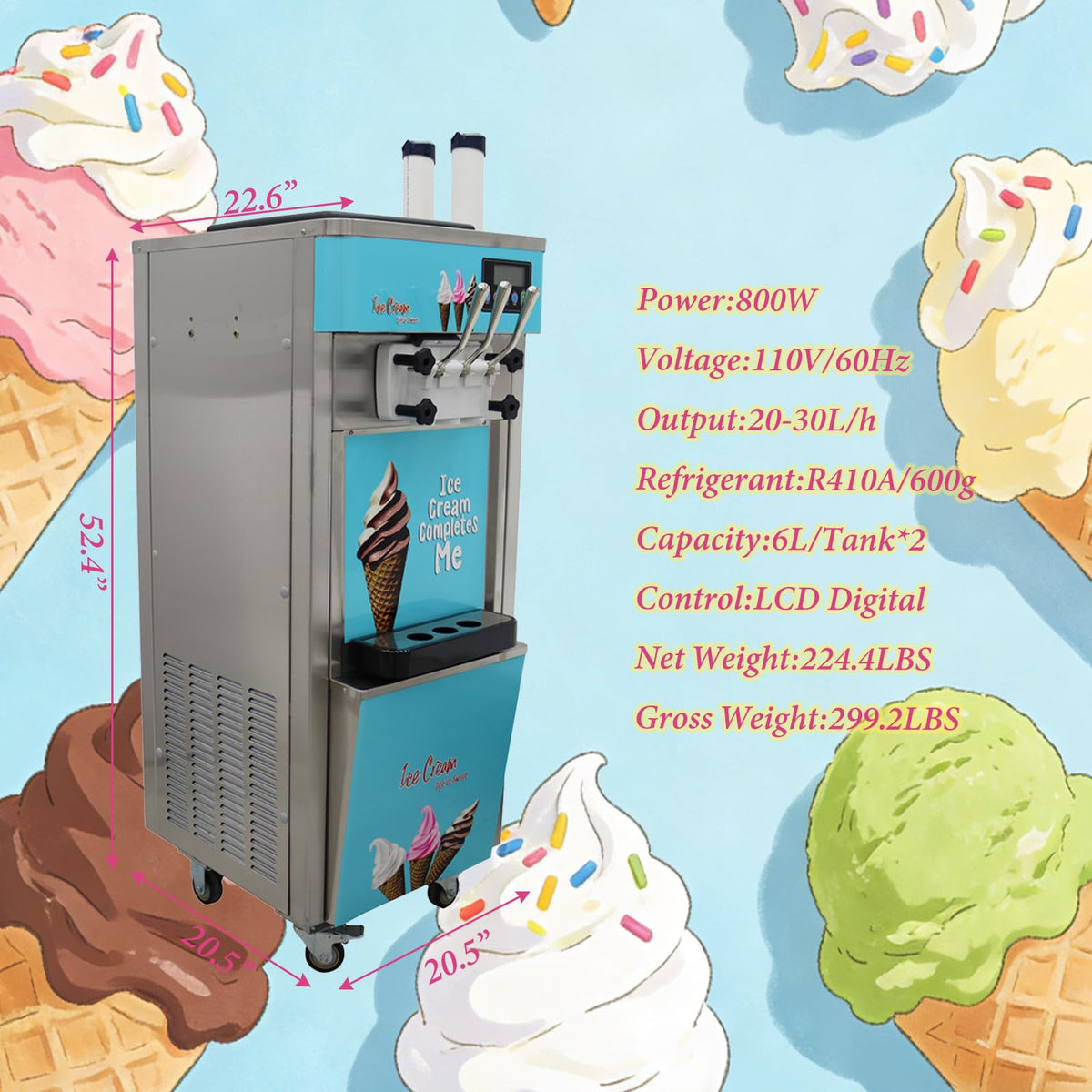 Commercial 3 Head Ice Cream Machine 20-30L/H Soft Serve Machine with Dual 6L Hoppers Automatic Cleaning Ice Cream Freezer for Shop Restaurant Cafe  Steel 1.8KW