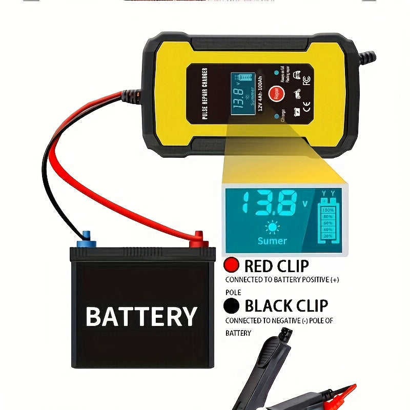 12V 6-Amp Intelligent Car Motorcycle Battery Charger: Smart Digital LCD Display, Pulse Repair & VRLA/AGM/Lead Acid Charging