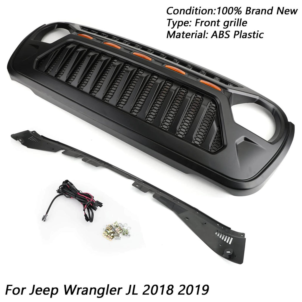 2018-2023 Wrangler JL Front Bumper Grille Grill With 5 LED Amber Light Generic