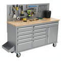 61-inch Rolling Tool Chest, 10 Drawers GaraWorkbench StoraTool Cabinet with Power Strip, Solid Rubber Top, 1675 LBS Load Mobile Workstation, Heavy Duty Rolling Cabinet, Silver