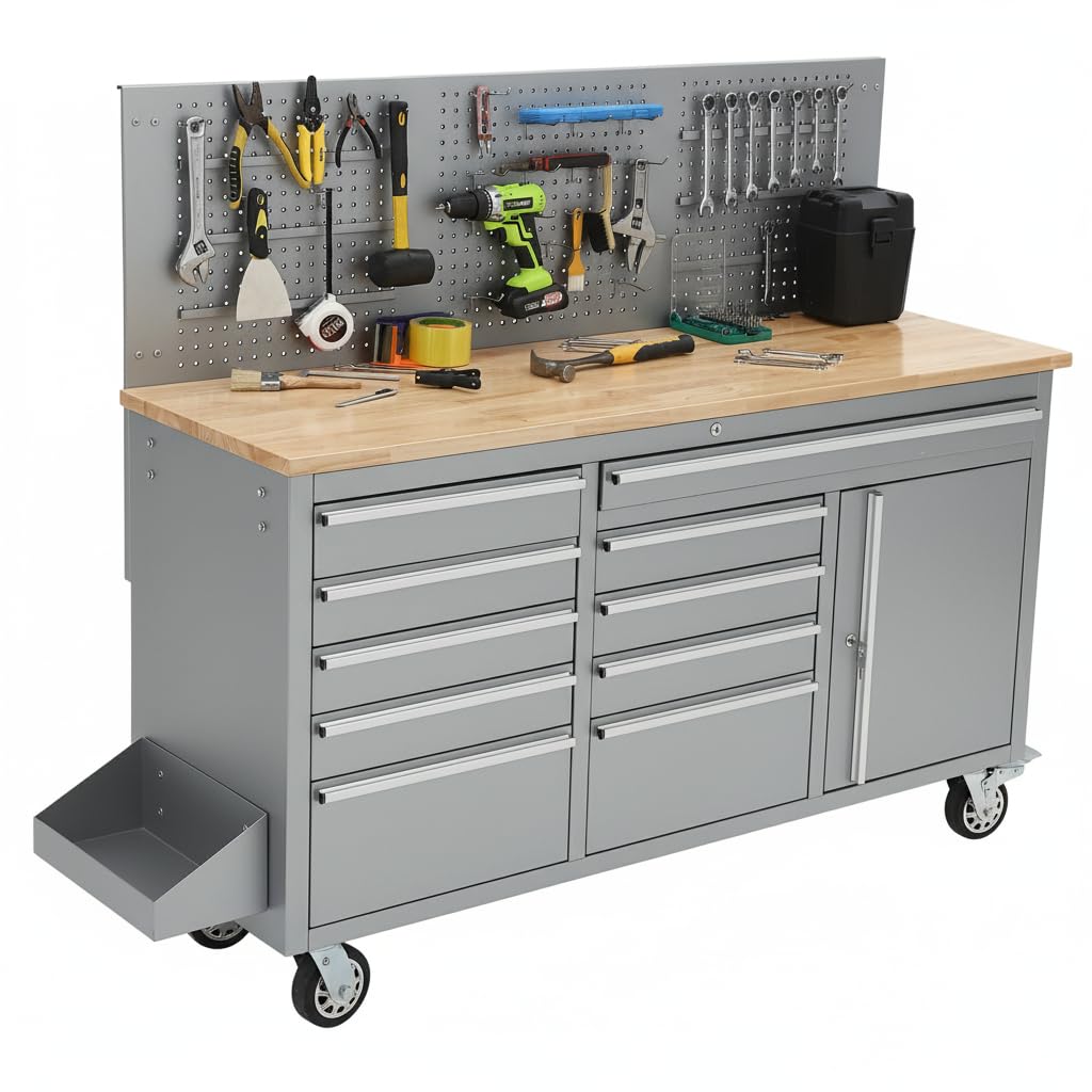 61-inch Rolling Tool Chest, 10 Drawers GaraWorkbench StoraTool Cabinet with Power Strip, Solid Rubber Top, 1675 LBS Load Mobile Workstation, Heavy Duty Rolling Cabinet, Silver