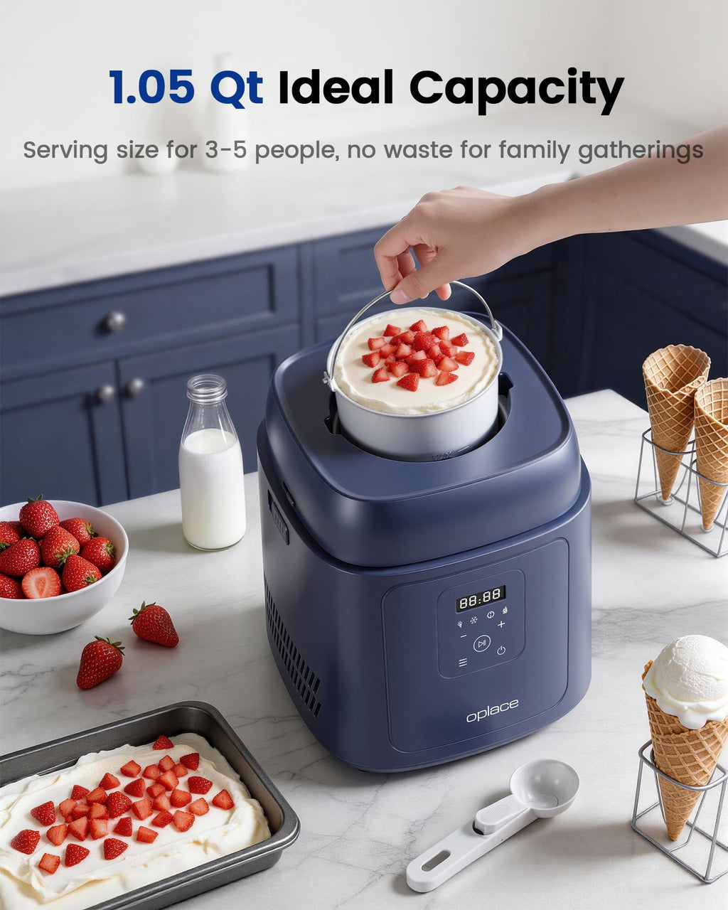 4-in-1 Compressor Ice Cream Maker (1.0Qt), No Pre-Freezing, Automatic Yogurt Maker, Gelato Sorbet Frozen Yogurt Soft Serve Machine, Compact Vertical  for Home Kitchen(Blue)