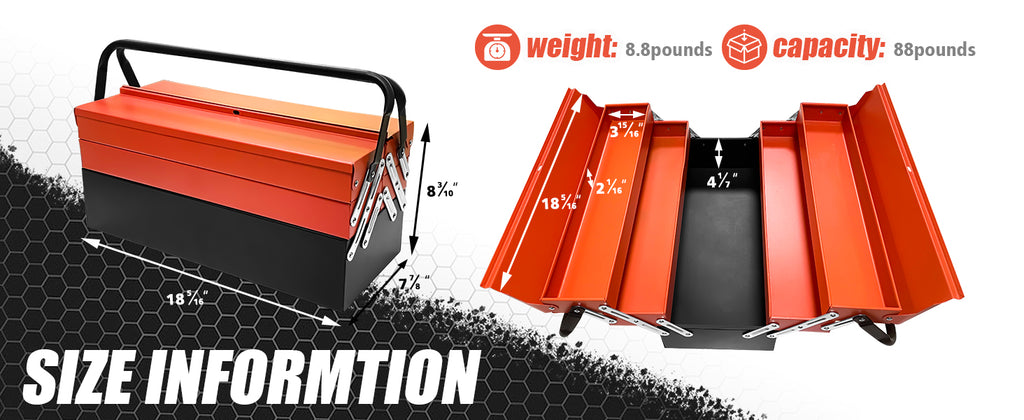 Metal Cantilever Tool Box, 18" * 8" * 8" Fold Out Tool Organizer with 3 Layers & 5 Trays, Portable Storafor Home, Studio, Auto Repair & Factory (Orange)