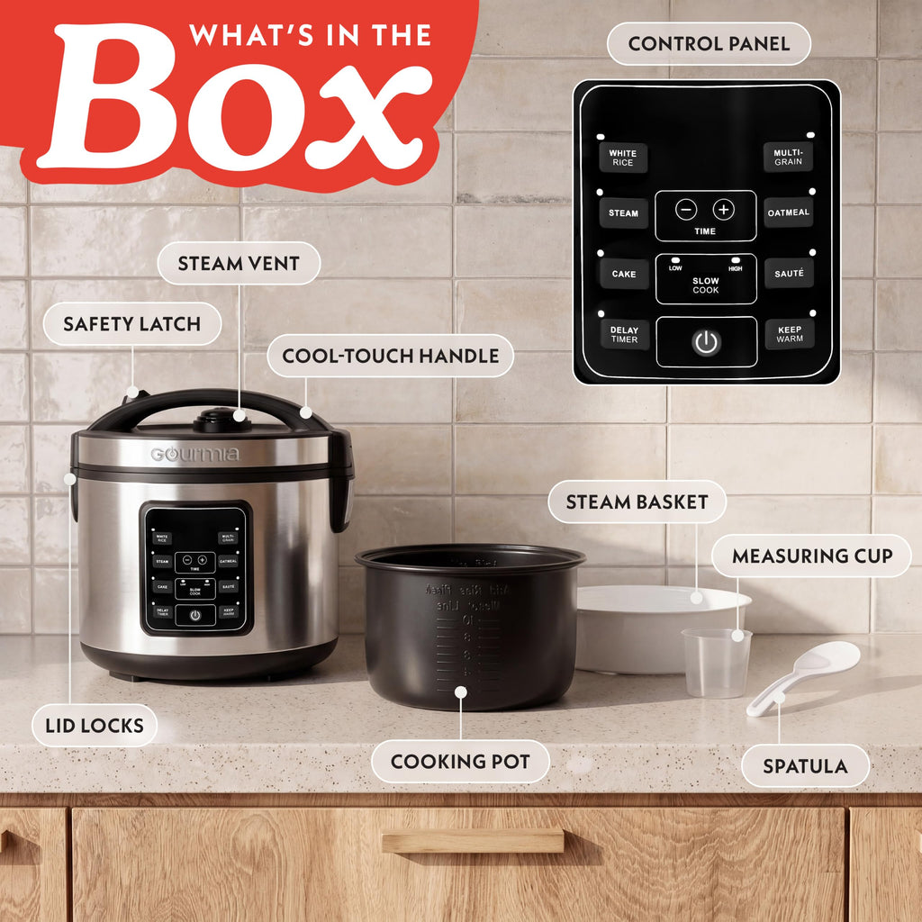 Rice Cooker – 5 Qt Capacity, 20 Cup Cooked, 10 Cup Uncooked, Digital Controls, 6 CooPresets, Grain Cooker & Steamer, Nonstick Pot, Steam Tray, Delay Timer, Keep Warm,  Steel