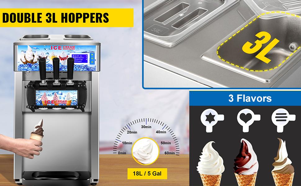 Ice Cream Machine Commercial, 18L/H Yield Soft Serve Ice Cream Maker, 3 Flavors, 1200W Commercial Soft Serve Ice Cream Machine with LCD Panel for Bars Coffee Shop