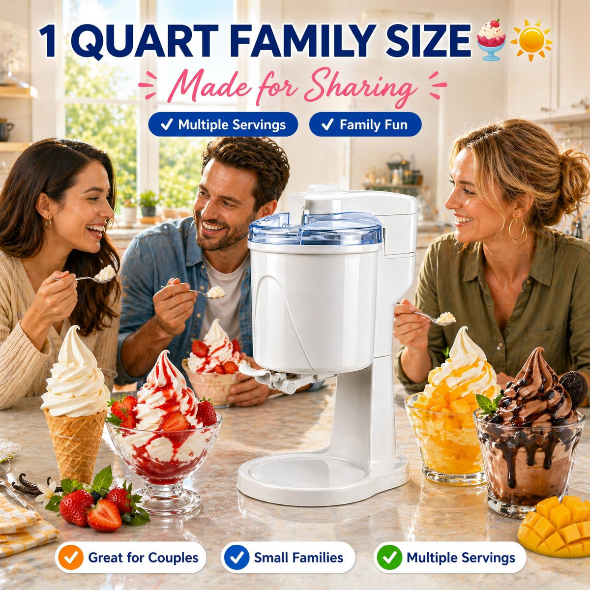 Electric 1.0 Qt Soft Serve Ice Cream Machine with Freezer Bowl, Countertop Ice Cream Maker Machine, Homemade Ice Cream Swirl, Sorbet & Frozen Yogurt Maker, Easy to Clean,Fast Churn 20-35 Minutes