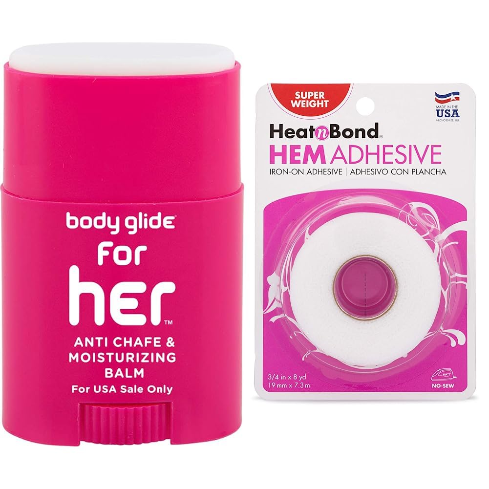 BodyGlide For Her Anti Chafe Balm, 0.8oz &amp; HeatnBond Hem Iron-On Adhesive, Super Weight, 3/4 Inch x 8 Yards, White