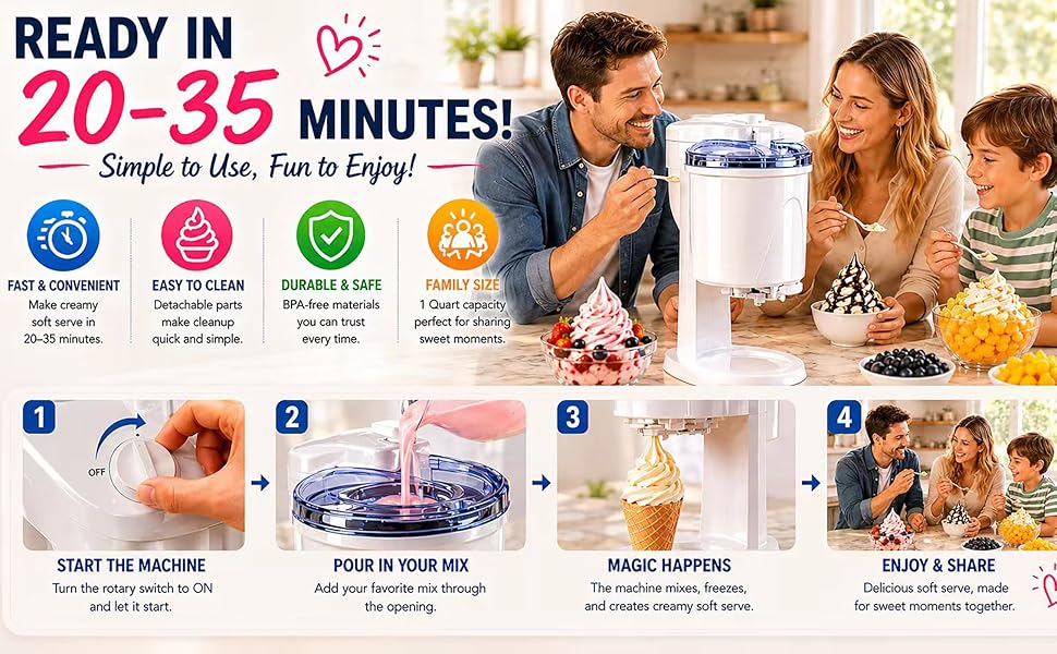 Electric 1.0 Qt Soft Serve Ice Cream Machine with Freezer Bowl, Countertop Ice Cream Maker Machine, Homemade Ice Cream Swirl, Sorbet & Frozen Yogurt Maker, Easy to Clean,Fast Churn 20-35 Minutes