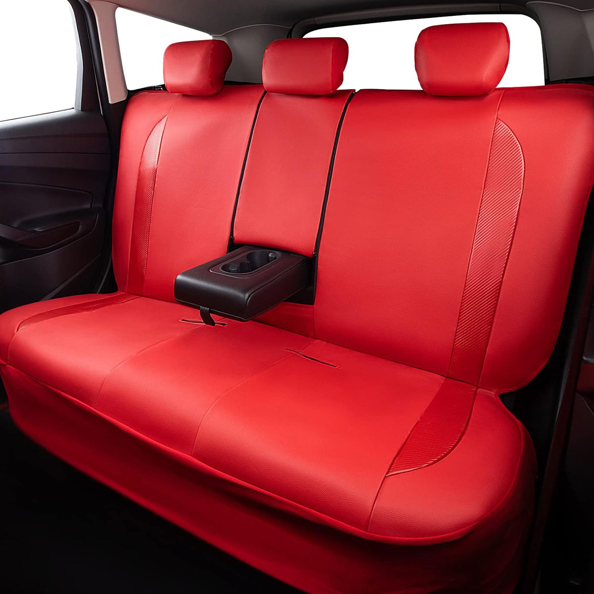 Flying Banner car seat Covers Protects Water Proof Faux Leather Carbon Fiber Fronts Rear Bench Covers (Red Red, Full Set - 8PCS)