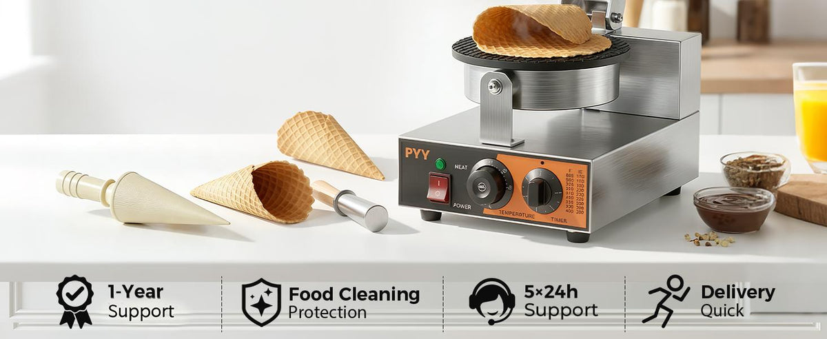 Commercial Waffle Cone Maker Machine, 1200W Ice Cream Cone Maker with Nonstick Plates, Adjustable Temperature & Timer,  Steel Electric Waffle Cone Baker for Ice Cream Shops, Cafes & Home
