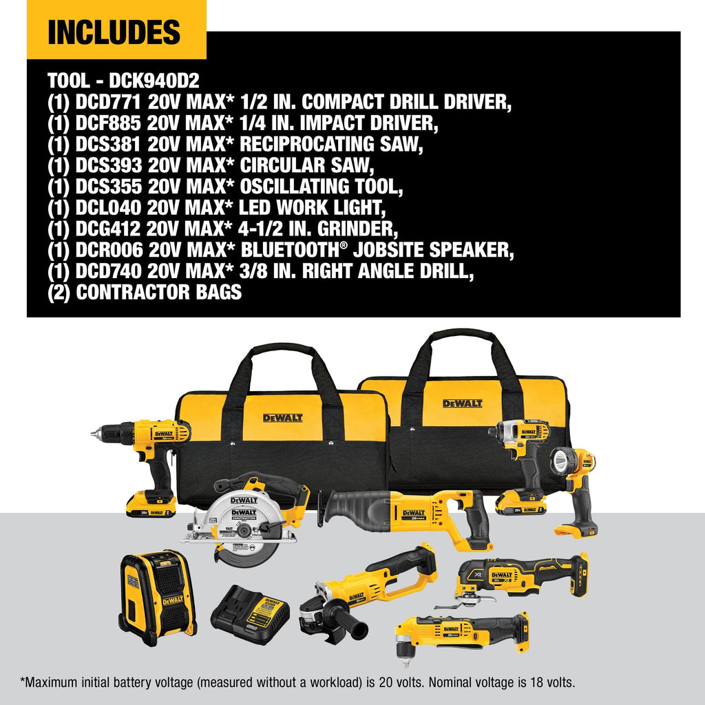 20V MAX Power Tools, 9 Cordless Tool Combo, Impact and Drill Driver, Oscillating Tool, Grinder,Circular and Reciprocating Saw,Right Angle Drill,Speaker,LED Light, 2 Batteries,Charger (DCK940D2)
