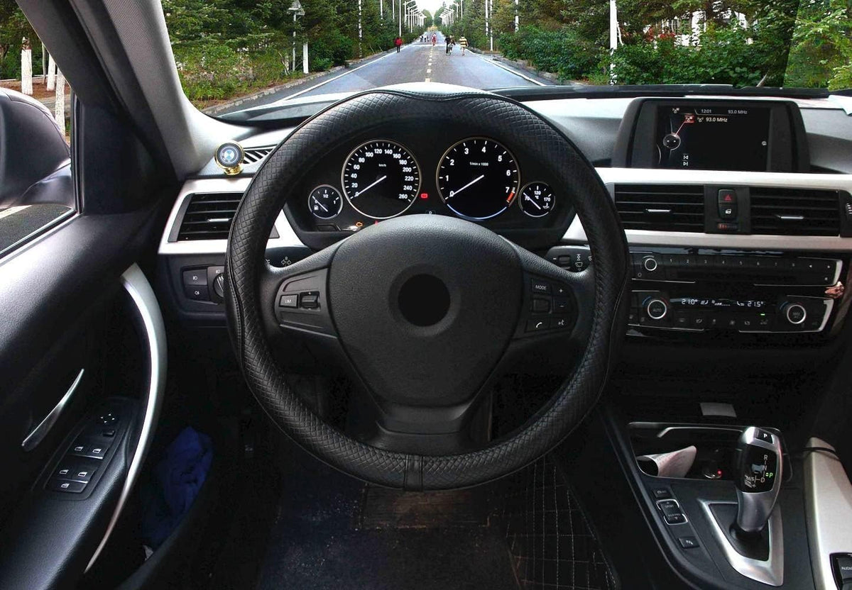 Valleycomfy Universal 15 inch Auto Car Steering Wheel Cover with Black Genuine Leather for HRV CRV Accord Corolla Prius Rav4 Tacoma Camry X1 X3 X5 335i 535i,etc