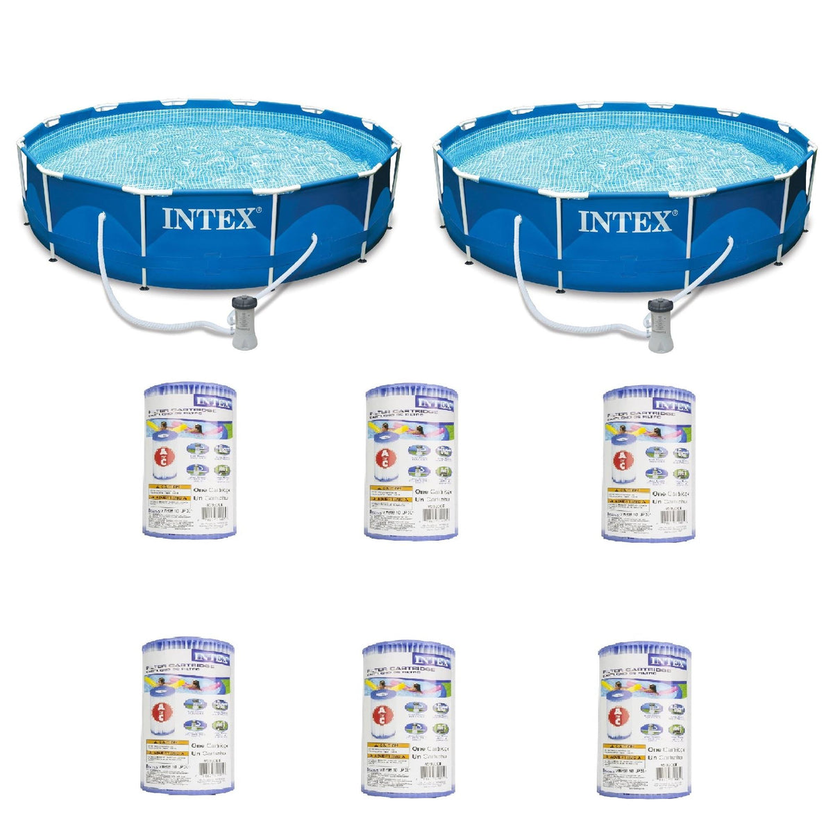 intex 12' x 30" metal frame round pool (2 pack) &amp; replacement cartridge (6 pack)