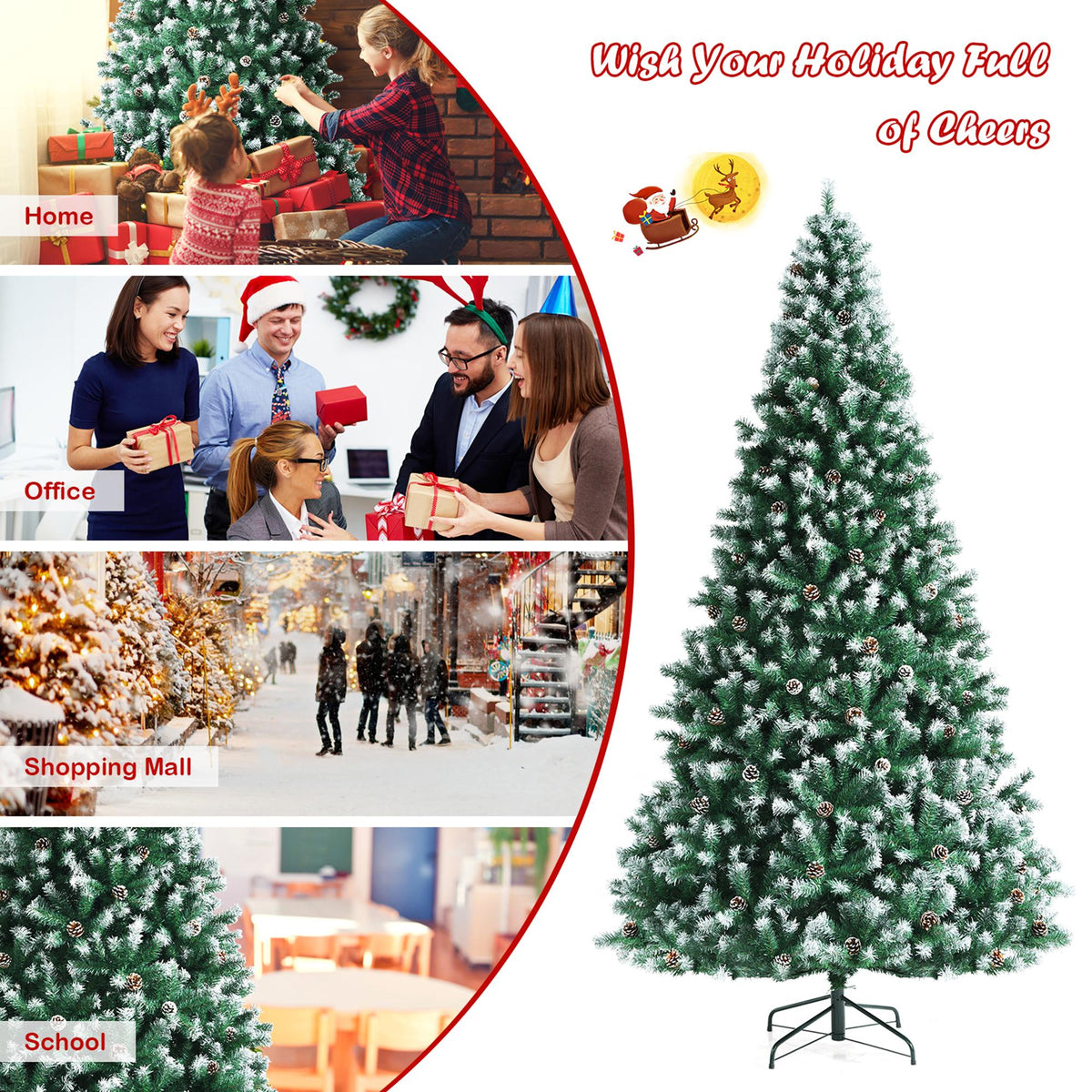 Gymax 9 FT Artificial Snow Flocked Christmas Tree Hinged Xmas Tree w/ Pine Cones
