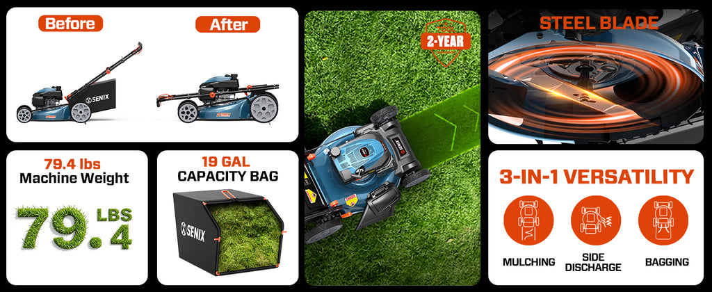 22 Inch 3-in-1 Gas Lawn Mower, 201cc Rear Wheel Single Speed Self-Propelled Mower, 4-Cycle Engine, Steel Deck, Mulching, Bagging, Discharging, 6-Position Cutting Height Adjustable, for Yard