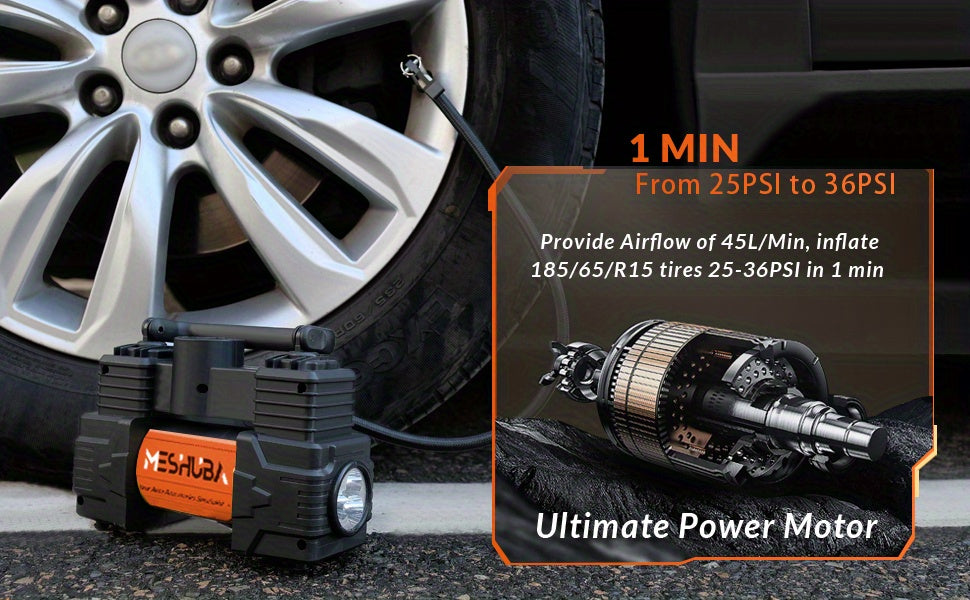 MESHUBA Tire Inflator 12V Portable Air Compressor, 150PSI Air Pump For Car Tires With Digital Pressure GauFor Car Bike Motor Ball, Orange