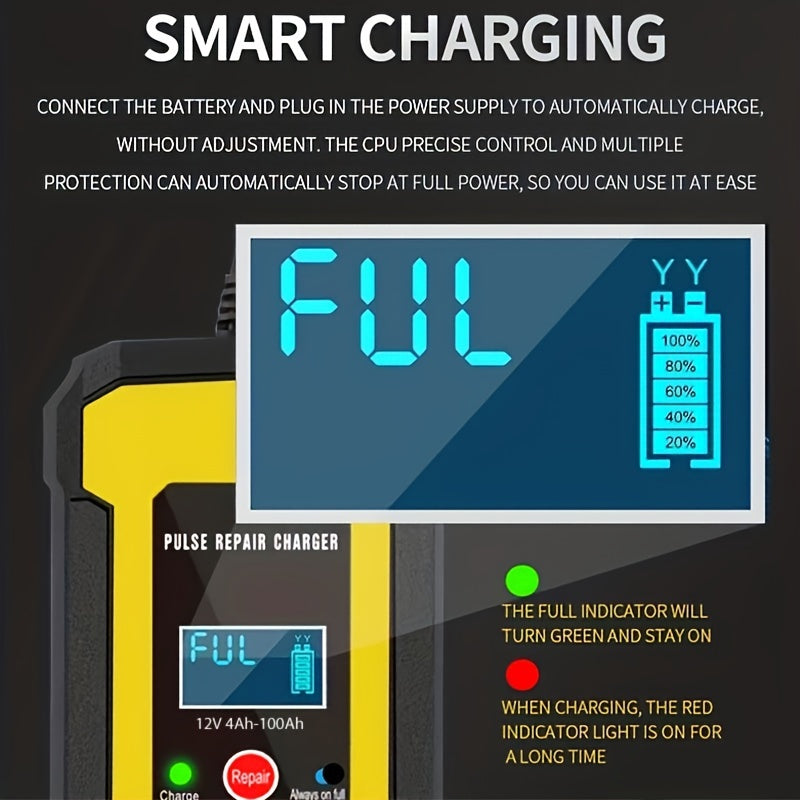 12V 6-Amp Intelligent Car Motorcycle Battery Charger: Smart Digital LCD Display, Pulse Repair & VRLA/AGM/Lead Acid Charging