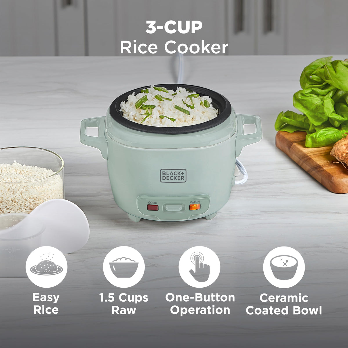 3-Cup Cooked (1.5 Cups Uncooked) Rice Cooker, Removable Nonstick Bowl, One-Touch Operation, Surf Spray