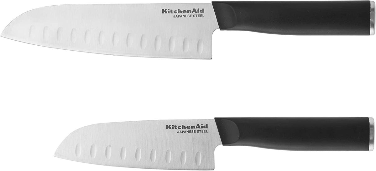 KitchenAid Classic 2 Piece Santoku Knife Set with Custom-Fit Blade Cover, 7-inch, 5-inch, Sharp Kitchen Knife, High-Carbon Japanese Stainless Steel Blades, Black