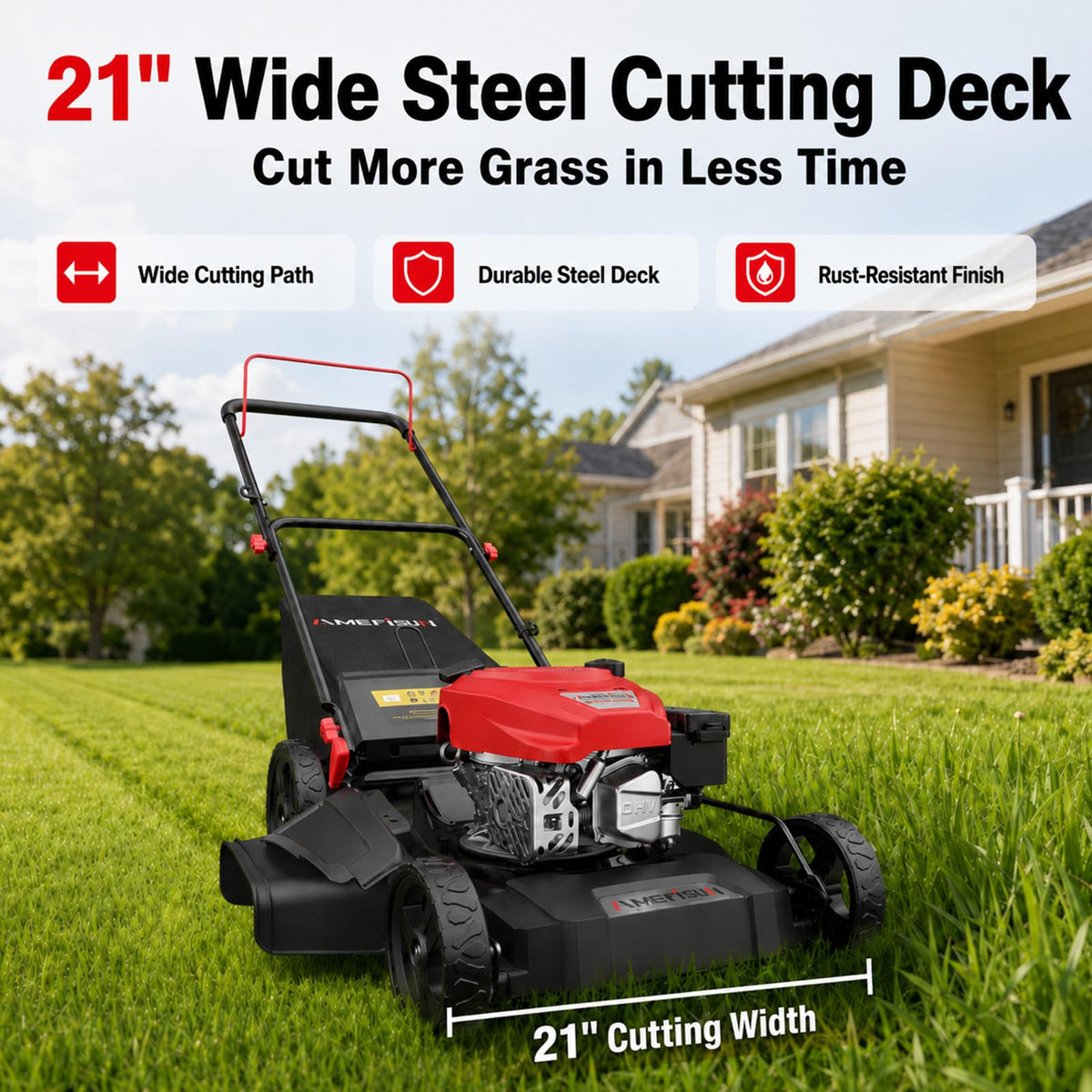 21" Steel Deck Gas Lawn Mower, 3-in-1 Push Mower, 144cc 4-Stroke OHV Engine, 6 Height Adjustment, 1.4 Bushel Grass Catcher with Bagging, Mulching &amp; Side DischarEfficient for Yard Garden