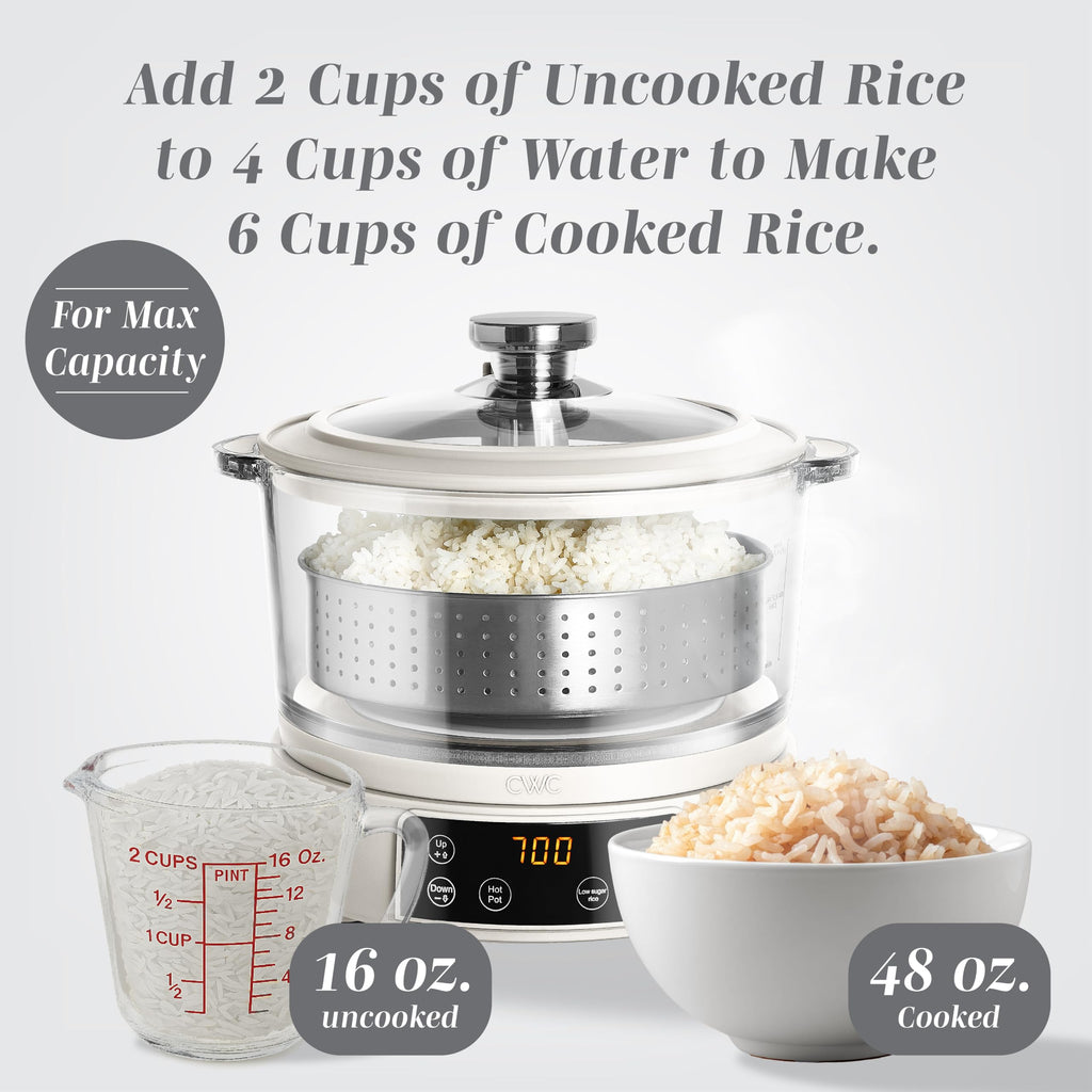 Glass Mini Low Carb Rice Cooker – Holds 2 Cups Raw/Makes 6 Cups Cooked with Auto Lift Filter Basket, Hotpot & Steamer for Rice, Grains, Digital Panel with Keep Warm, Cream