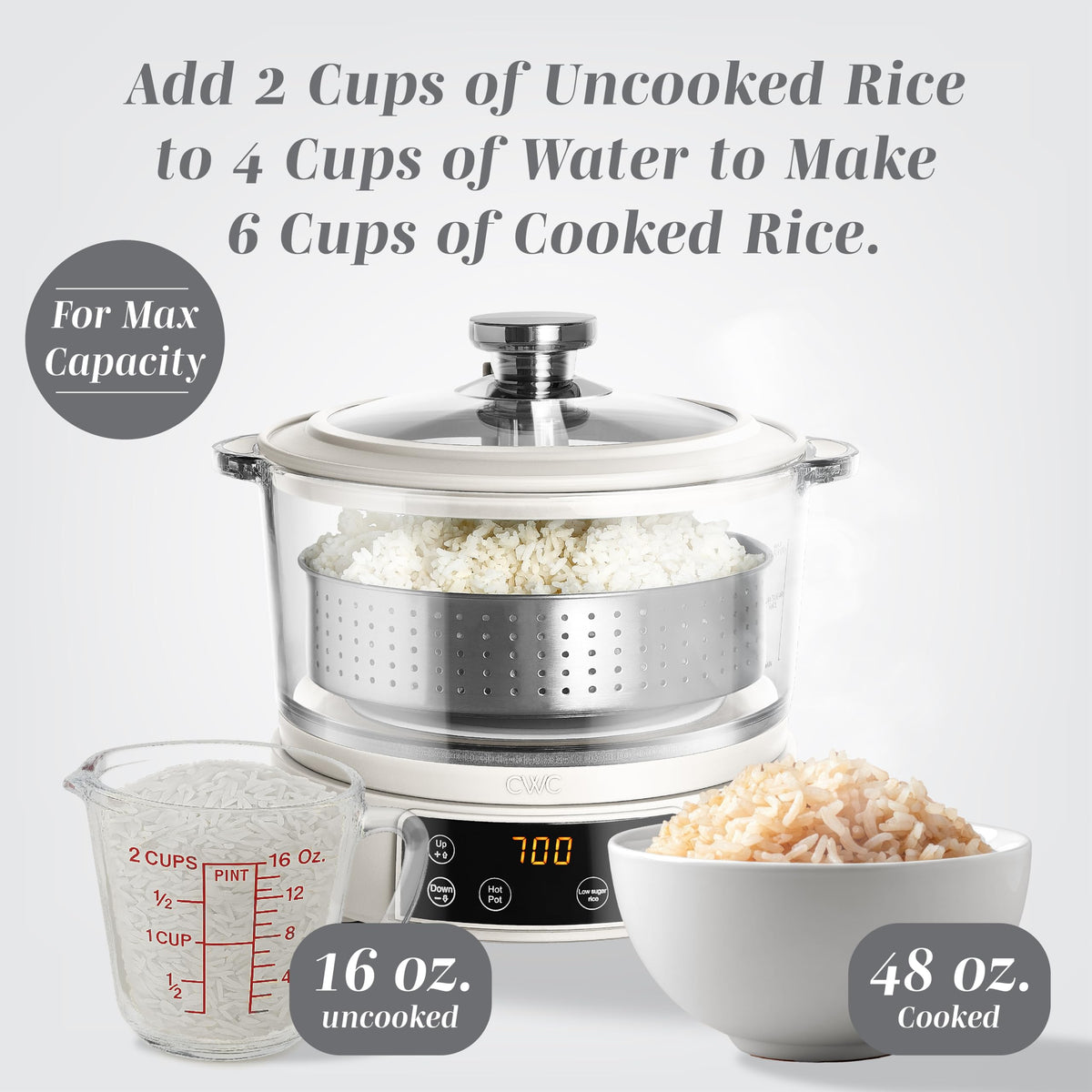 Glass Mini Low Carb Rice Cooker – Holds 2 Cups Raw/Makes 6 Cups Cooked with Auto Lift Filter Basket, Hotpot & Steamer for Rice, Grains, Digital Panel with Keep Warm, Cream