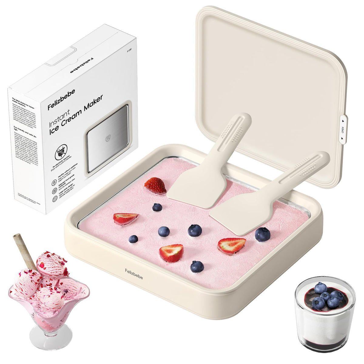 Rolled Ice Cream Maker,   Ice Cream Roller Tray with Lid and 2 Spatulas, Food Grade Premium  Steel Cold Plate No-electricity for Fun Family Activities, DIY Parent-Child Time