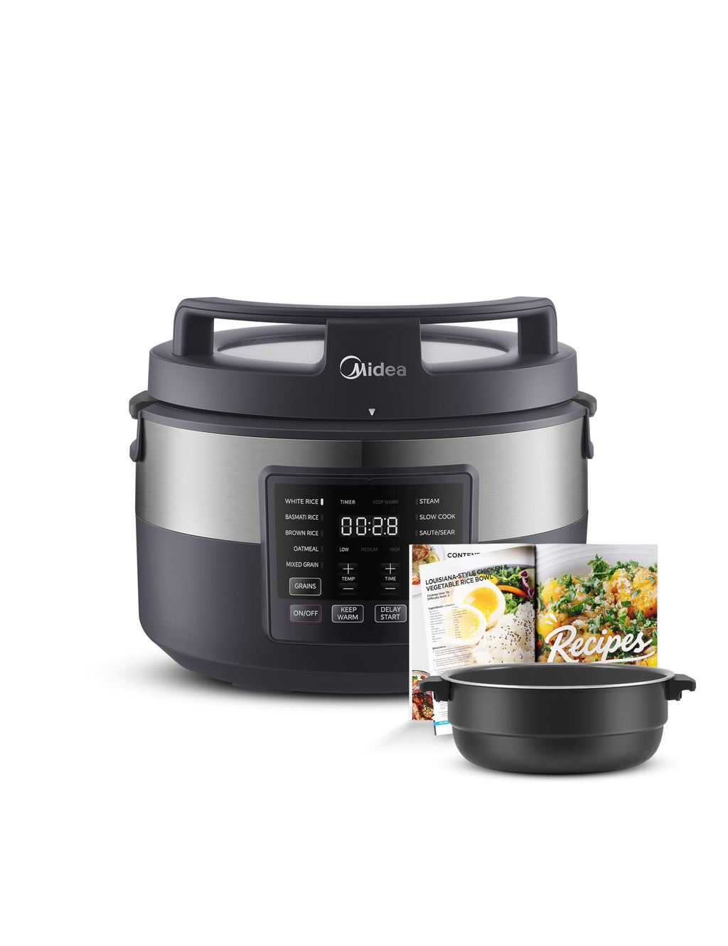 Rice Cooker for 8-Cups Uncooked Rice with 10 Multifunction CooPrograms Including Sauteing, Steaming, and Simmering, Features a Non-Stick Inner Pot with Handles and Glass Lid