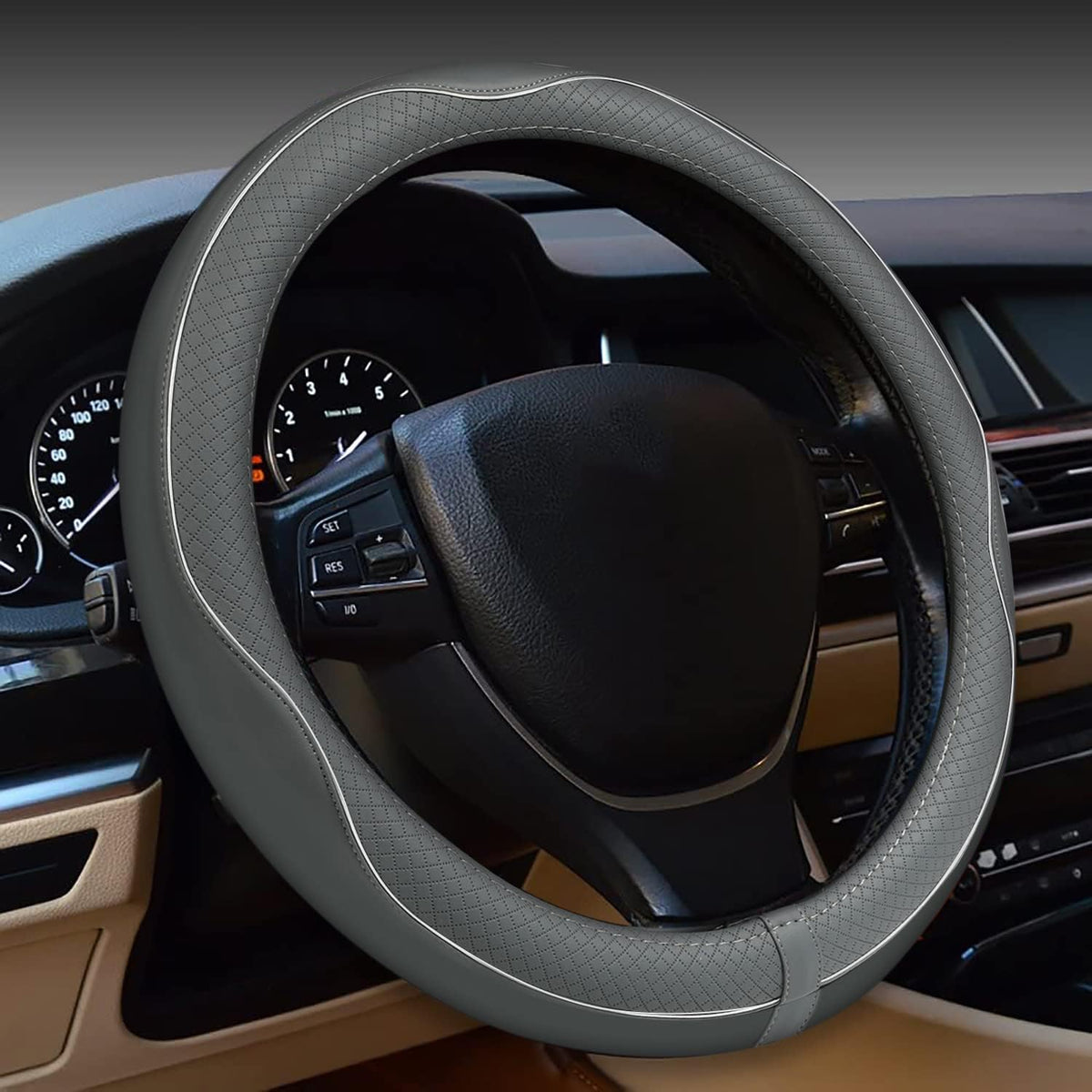 Car Steering Wheel Cover, Anti-Slip, Safety, Soft, Breathable, Heavy Duty, Thick, Full Surround, Sports Style (Gray)