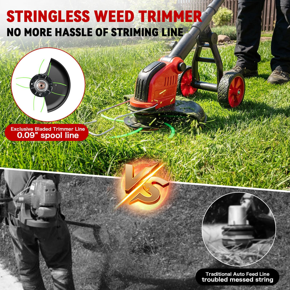 20000 RPM Electric Weed Wacker with Wheel,12″ Brushless Cordless Weed Eater Battery Powered, 4-in-1 Brush Cutter/String Trimmer/Grass Trimmer/Lawn Mower,Edger Stringless Weed Trimmer,5 Blade,2 Battery