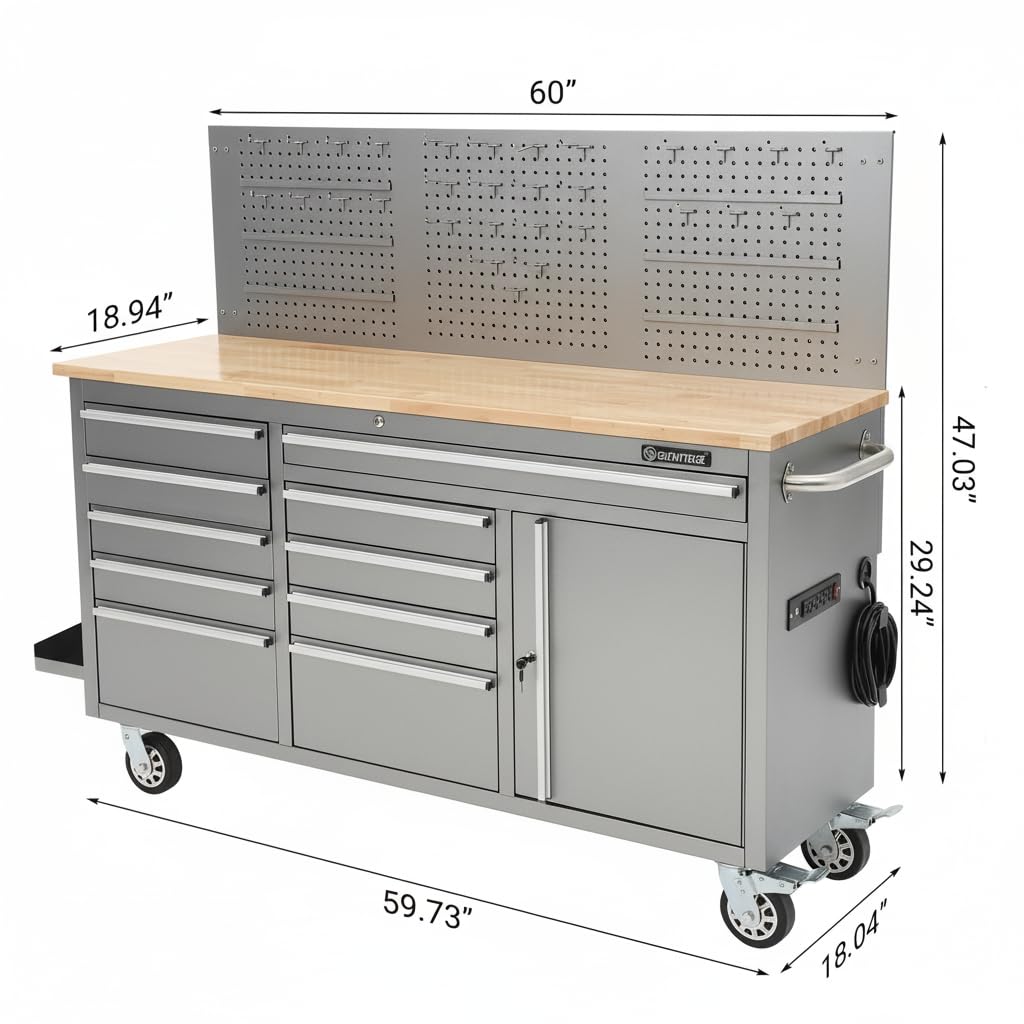 61-inch Rolling Tool Chest, 10 Drawers GaraWorkbench StoraTool Cabinet with Power Strip, Solid Rubber Top, 1675 LBS Load Mobile Workstation, Heavy Duty Rolling Cabinet, Silver