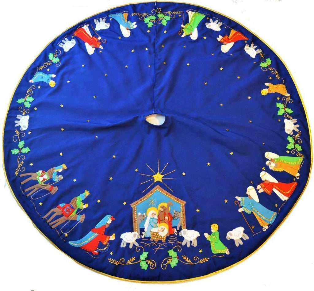 Hand made Bucilla felt applique blue Nativity scene Christmas tree skirt 56"