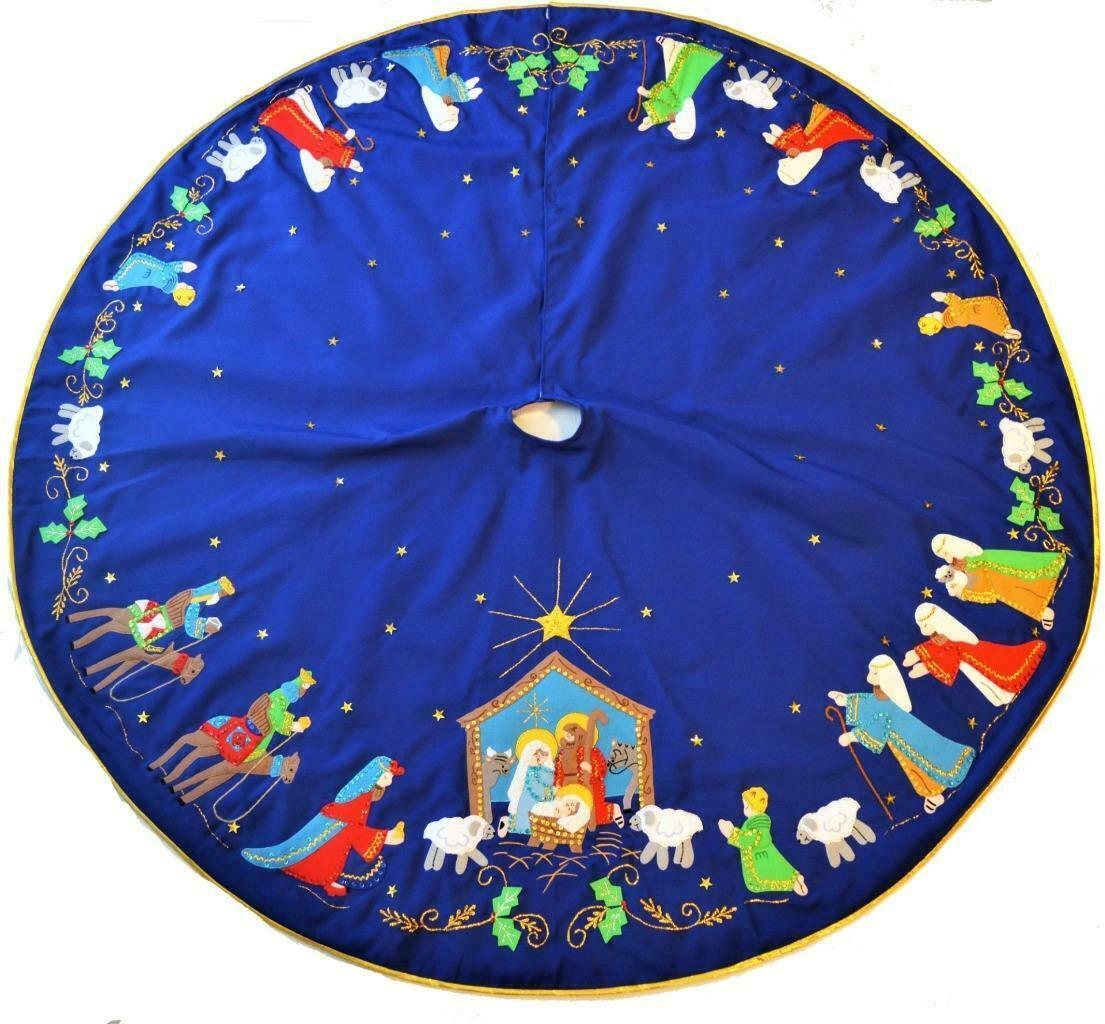 Hand made Bucilla felt applique blue Nativity scene Christmas tree skirt 56"