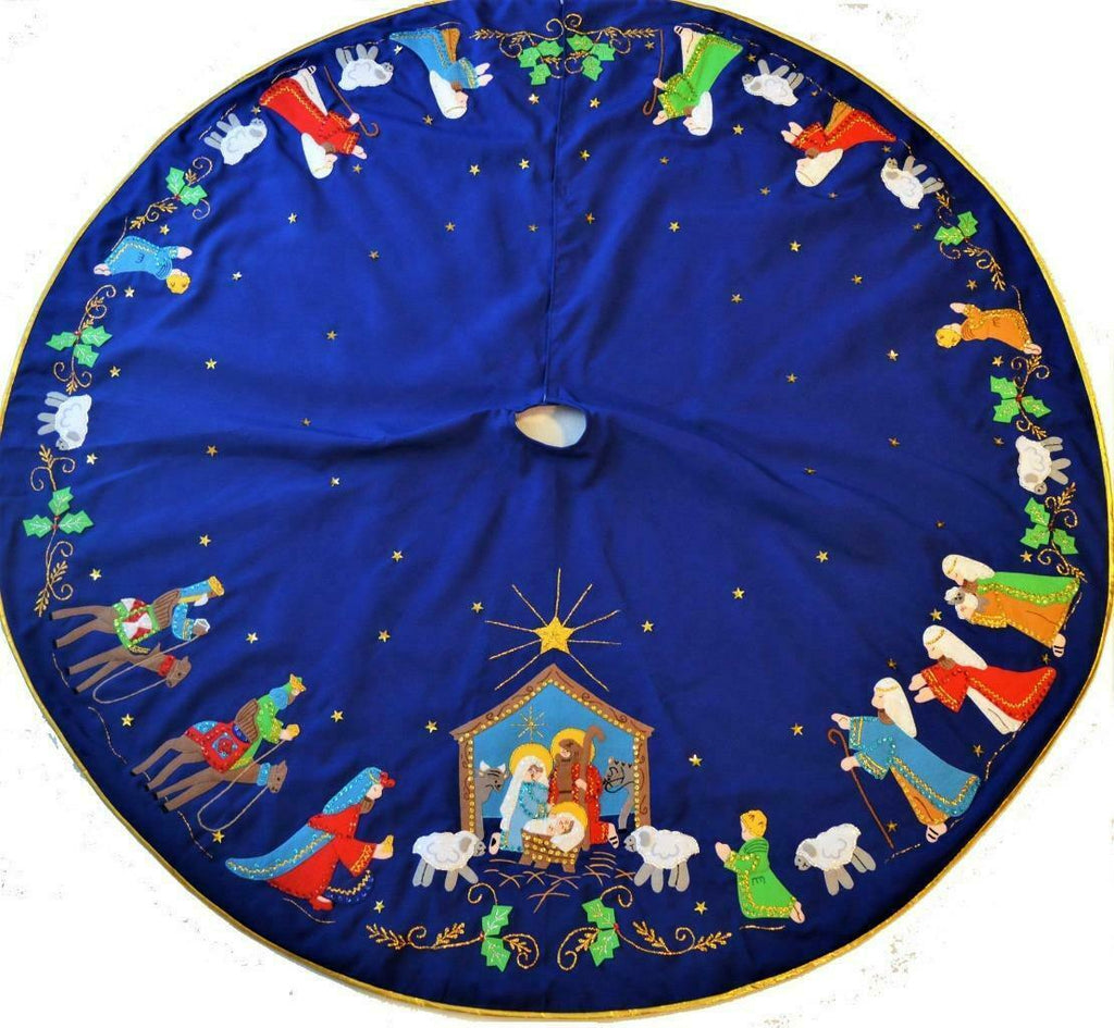 Hand made Bucilla felt applique blue Nativity scene Christmas tree skirt 56"