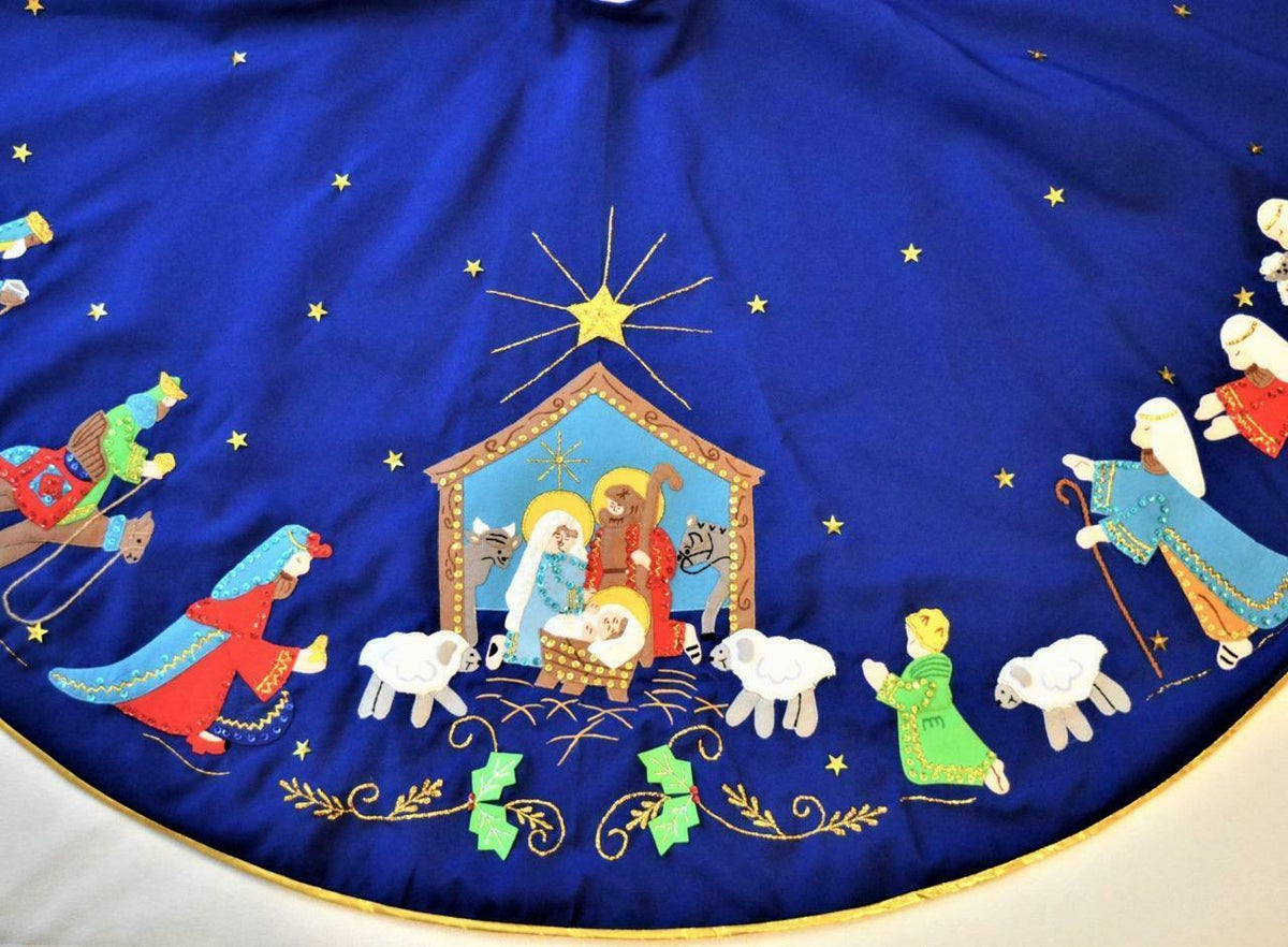 Hand made Bucilla felt applique blue Nativity scene Christmas tree skirt 56"
