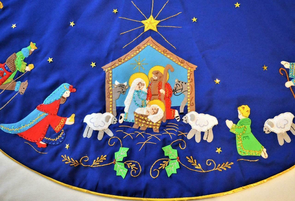 Hand made Bucilla felt applique blue Nativity scene Christmas tree skirt 56"