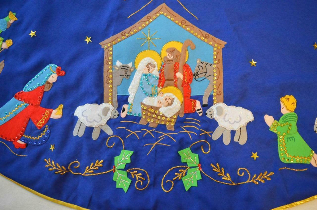 Hand made Bucilla felt applique blue Nativity scene Christmas tree skirt 56"